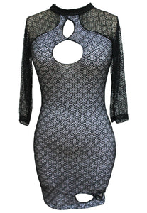 Black Lined High Neck Patterned Bodycon Dress with Keyholes