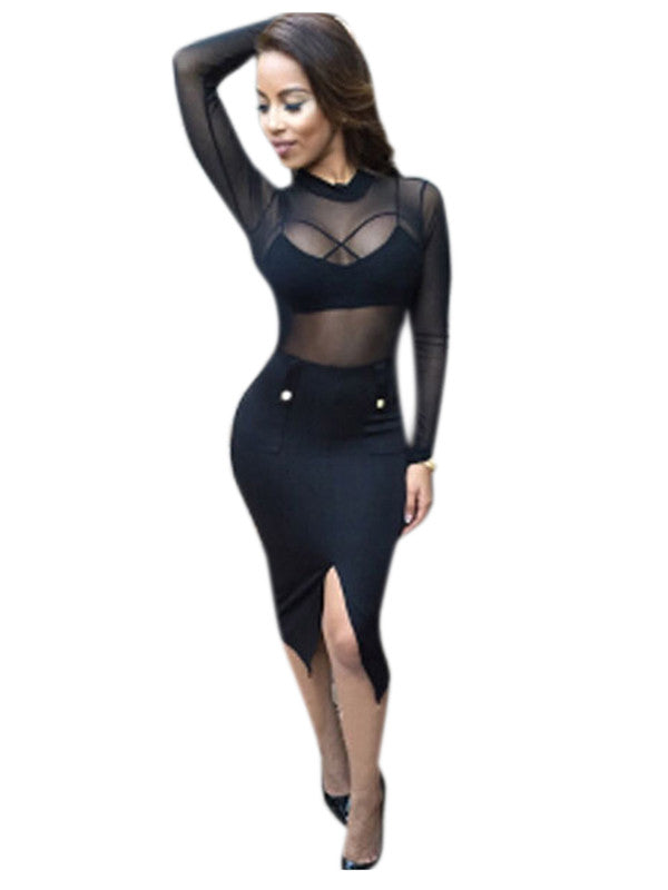 Black Long Sleeve Club Dress with Bralette Top  SEXY AFFORDABLE CLOTHING