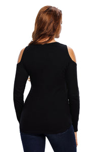 Black Long Sleeve Cut-out Shoulder Ribbed Top