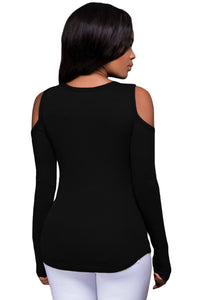 Black Long Sleeve Cut-out Shoulder Ribbed Top