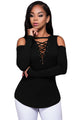 Black Long Sleeve Cut-out Shoulder Ribbed Top