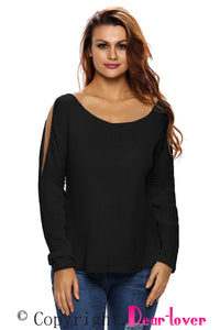Black Long Sleeve Slit Arm and Side Ribbed Knit Top