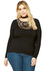 Black Long Sleeves Plus Size Crochet Lace Top