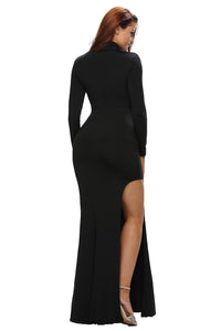 Black Long Sleeves Side Split Slit Jesery Maxi Dress