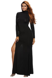 Black Long Sleeves Side Split Slit Jesery Maxi Dress