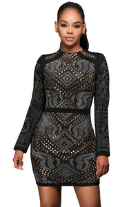 Black Mini Jeweled Quilted Long Sleeves Dress