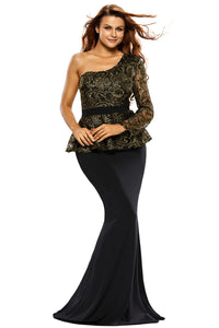 Black One Shoulder Gold Floral Lace Peplum Top Long Skirt Formal Dress