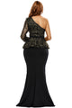 Black One Shoulder Gold Floral Lace Peplum Top Long Skirt Formal Dress