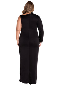 Black One Sleeve High Slit Plus Maxi Dress