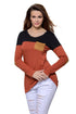 Black Orange Color Block Patch Insert Long Sleeve Blouse Top