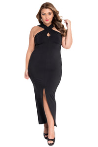 Black Plus Size Cross Halter Jersey Dress