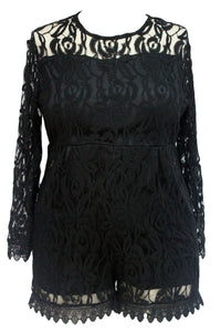 Black Plus Size Long Sleeve Lace Romper