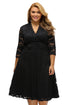 Black Plus Surplice Neck Ruched Waist Floral Lace Swing Dress