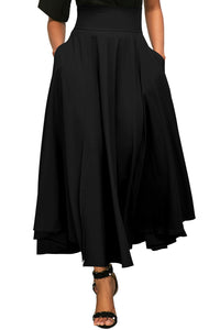 Black Retro High Waist Pleated Belted Maxi Skirt