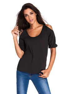 Black Round Neck Cold Shoulder Oversize Top