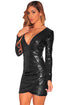 Black Ruched Sequin Long Sleeve Nightclub Dress