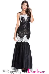 Black Sequin Applique Evening Party Mermaid Dress