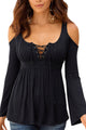 Black Sexy Lace Up Cold Shoulder Flare Blouse