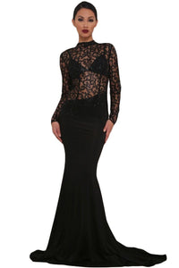 Black Sheer Glitter Mock Neck Cut Out Back Maxi Evening Gown