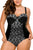 Black Sheer Lace Insert Ruched Plus One Piece Swimsuit