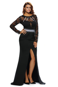 Black Sheer Lace Long Sleeve Front Slit Long Prom Dress