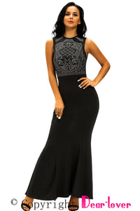 Black Shimmering Rhinestone Embellished Maxi Mermaid Dress