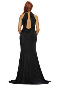 Black Silky Jewel Halter Jersey Evening Dress