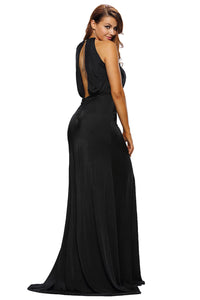 Black Silky Jewel Halter Jersey Evening Dress