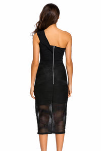 Black Single Shoulder Sheer Striped Midi Dress