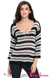 Black Stripes Long Sleeve Sheer Knit Sweater