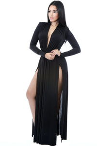 Black Super Classy Long Sleeves Double Slit Long Maxi Dress