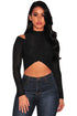 Black Textured Arched Long Sleeves Crop Top
