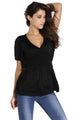 Black V-Neck Short Batwing Sleeve High Elastic Waist Blouse