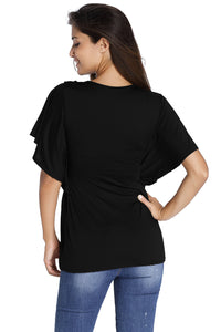 Black V-Neck Short Batwing Sleeve High Elastic Waist Blouse