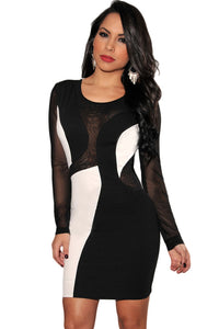 Black White Color-Block Mesh Sleeves Bodycon Dress