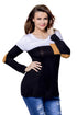 Black White Color Block Patch Insert Long Sleeve Blouse Top