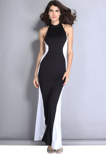 Black White Swerve Halter Maxi Evening Dress