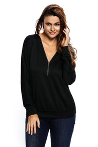 Black Zip Up V Neck Loose Fit Sweatshirt