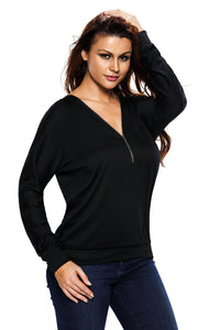 Black Zip Up V Neck Loose Fit Sweatshirt