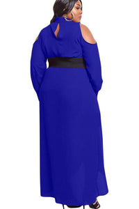 Blue Cold Shoulder Choker Neck Curvy Maxi Dress