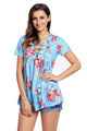 Blue Floral Grommet Lace Up V Neck Loose Shirt