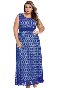 Blue Flowery Lace Overlay Belted Curvy Maxi Dress