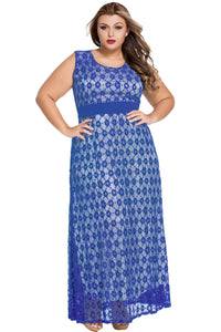 Blue Flowery Lace Overlay Belted Curvy Maxi Dress