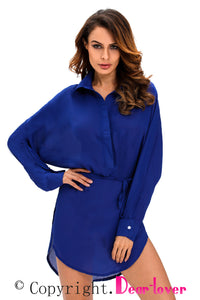Blue Long Shirt Belted Shift Dress with Side Slit