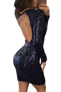 Blue Long Sleeves Cut out Bare Back Sequin Dress