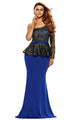 Blue One Shoulder Gold Floral Lace Peplum Top Long Skirt Formal Dress