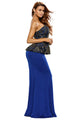 Blue One Shoulder Gold Floral Lace Peplum Top Long Skirt Formal Dress