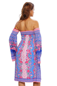 Blue Pink Floral Print Off-shoulder Boho Dress