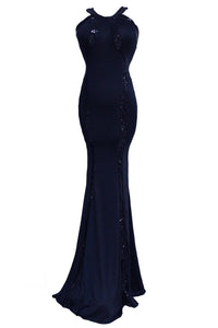 Blue Sequin Trim Jersey Gown