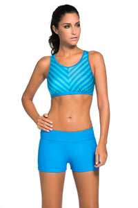 Blue Stripe Patten Sport Bra Swim Trunk 2pcs Swimsuit